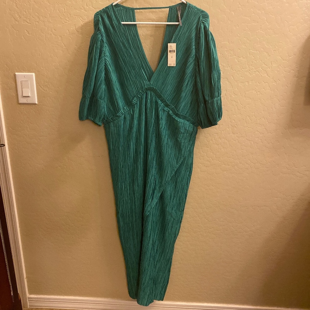 Anthropologie Teal V-Neck Pleated Midi Dress